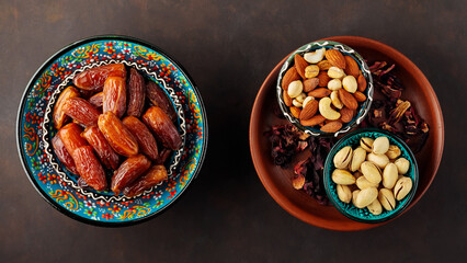 Dried dates and nuts on a dark background. Bowls of pitted dates, nuts and pistachio. Ramazan Iftar...