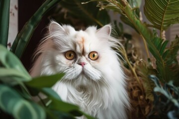 Naklejka na ściany i meble Persian cat that is white, with a hazy plant in the backdrop. Generative AI