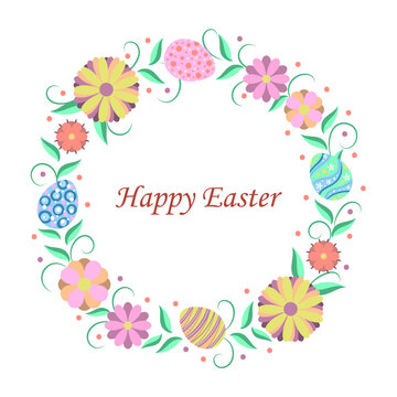 wreath of painted easter eggs and meadow flowers. Isolated design element on white background. Decorative festive vector image for greeting card, flyer, poster, cover. 