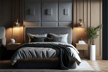 Wide Angle View of a Stylish and Elegant Bedroom with Minimal Bedding. Dark concept