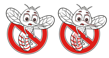 Anti mosquito bite, stop parasite insect sucking blood, garden pest control line icon. Funny malaria gnat character with sting, wing. Red prohibition sign. Kill flying midge. Insecticide spray. Vector