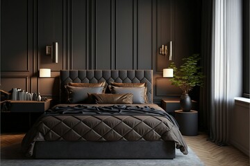 Wide Angle View of a Stylish and Elegant Bedroom with Minimal Bedding. Dark concept