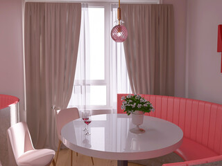 Cafe interior with flowers, 3d render, 3d illustration