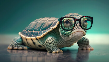 Tortoise with eyes in front of a plain background. AI generated illustration.