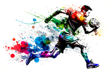 Plakat football soccer player in action with rrainbow watercolor splash. isolated white background. Neural network AI generated art