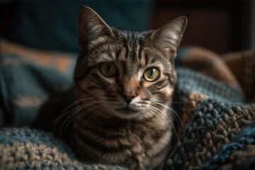 A picture of a short haired cat lying down on a blanket. Generative AI