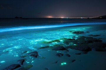 Bioluminescent plankton on sea beach. Generative AI