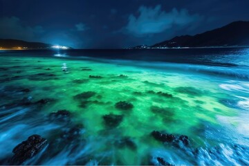 Bioluminescent plankton on sea beach. Generative AI - obrazy, fototapety, plakaty