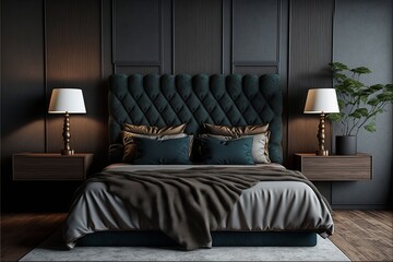 Wide Angle View of a Stylish and Elegant Bedroom with Minimal Bedding. Dark concept