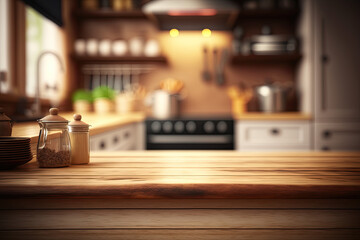  Wood table top on light abstract from kitchen room ,generative artificial intelligence