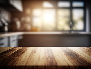 Wood table top on light abstract from kitchen room ,generative artificial intelligence
