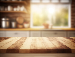  Wood table top on light abstract from kitchen room ,generative artificial intelligence