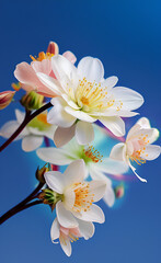 Spring flower background. White flowers against a blue sky. AI generation