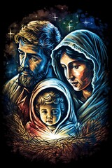 Obraz premium illustration, christmas night story mary, joseph and baby, generative ai
