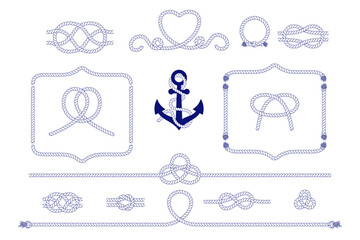 Nautical rope knots, frames and border set. Seamless decorative marine rope © Quarta