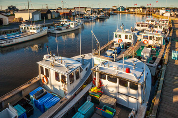 Docked fishing boats in North Lake Harbor at dawn on Prince Edward Island Canada