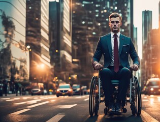 Obraz premium Businessman in a suit in a wheelchair. disability. Disabled people concept. generative ai