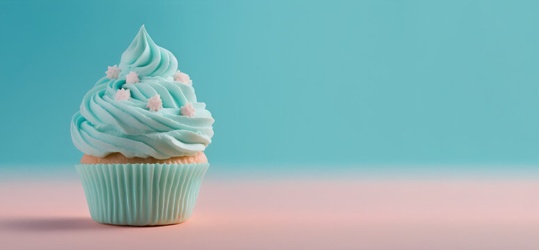 Decorated cupcake on a light blue background with copyspace, illustration ai generative