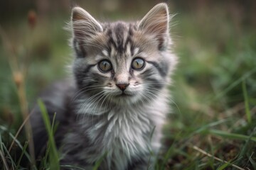 Naklejka na ściany i meble Cute kitty on a field of grass. Generative AI