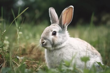Naklejka na ściany i meble Cute pet rabbit in close up photograph on summer's lush grass. Generative AI