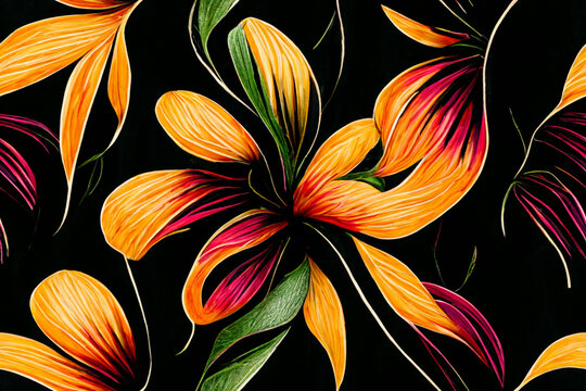 Award winning pattern with a belt of tropical colorful flowers, stunning seamless background, trend continuous wallpaper, generative ai