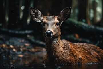 Fototapeta premium On the forest floor, a deer may be seen. Generative AI