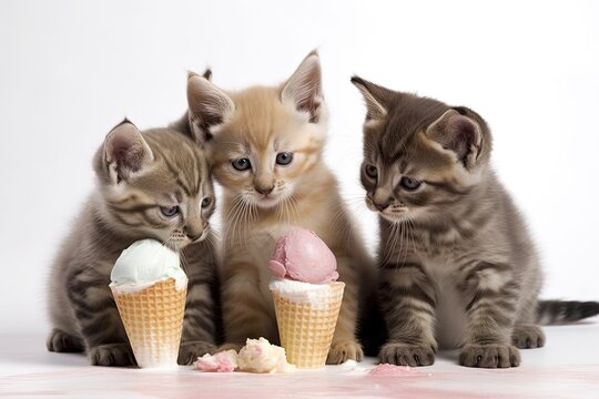 Three cats consume ice cream. The background is white. Isolated. Generative AI
