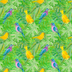 Seamless pattern with blue and yellow birds among lush tropical vegetation.