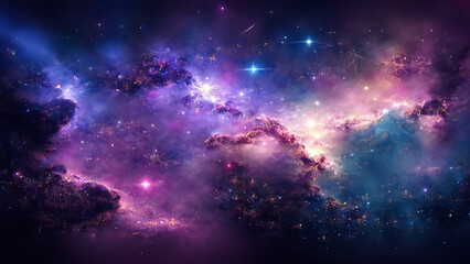 Obraz premium Starry sky with nebula and highlights, cosmos of nebulous textures, lights and gradients to serve as background. Generative AI