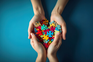 Adult and autistic kid hands holding jigsaw puzzle heart shape. World Autism Awareness Day. Generative Ai.