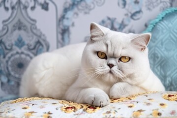 White British cat with ornaments is lying on a pillow in displeasure. Generative AI