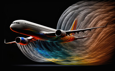 Abstract illustration of an airliner aircraft with colorful waves of colors and wake turbulence streamlines. Abstract aerodynamics and fluid dynamics concept.  - obrazy, fototapety, plakaty