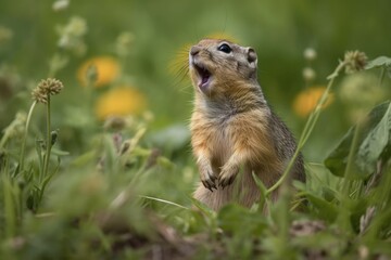 Naklejka na ściany i meble A ground squirrel shouts while standing waist deep in the grass against a lovely backdrop. Pygmaeus spermophilus. Generative AI