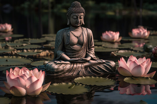 Buddha statue with a lotus flowers floating on the water. Generative Ai.
