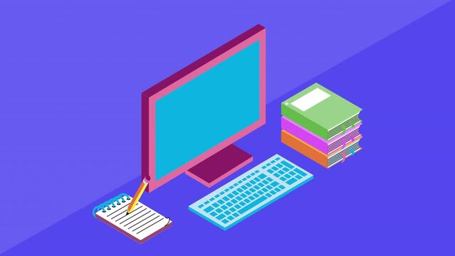 desktop computer tech with books animation