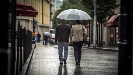 Couple walking with umbrella