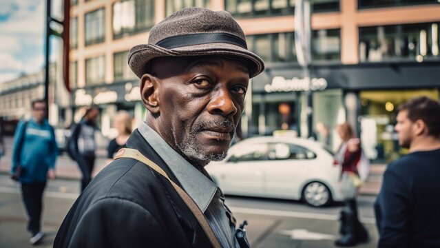 Black guy lookin into camera in the street