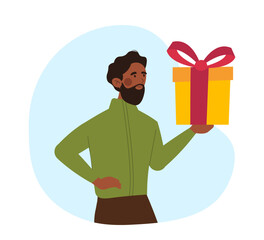 Man with gift box. Young guy with surprise or present for friend. Symbol of New Year and Christmas. Marketing and promotion of goods or services on Internet. Cartoon flat vector illustration