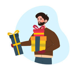 Man with gift box. Young guy with boxes and packages in wrapping paper. Design element for greeting and invitation postcard. Internet advertising and marketing. Cartoon flat vector illustration