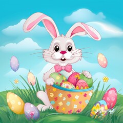 Happy Easter Bunny holding a basket filled with multicolored eggs, surrounded by flowers and green grass, with a clear blue sky in the background. Generative AI
