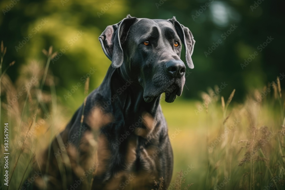 Poster Selective Focus on a Lovely Black Great Dane in a Summer Field. Generative AI