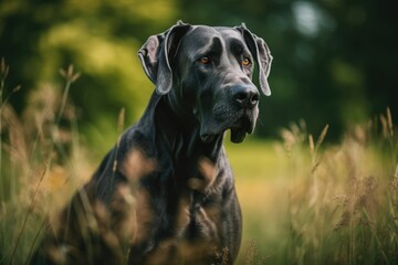 Selective Focus on a Lovely Black Great Dane in a Summer Field. Generative AI