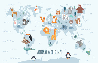 Animal world map. Educational material for children, biology and zoology. Fauna of different countries and continents. Nature and discovery. Cartoon flat vector illustration