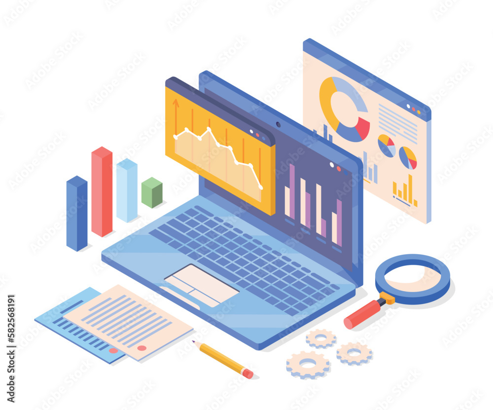 Poster data analysis concept. notebook with graphs, diagrams and charts and magnifying glass. infographics 