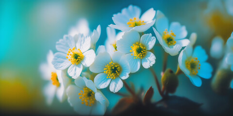 Whispers of Spring: A Macro View of White Primroses in a Blue Forest Generative AI