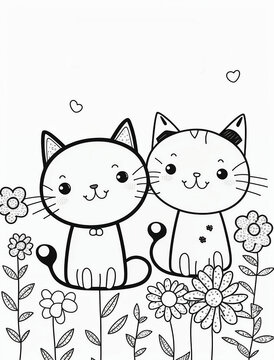 Black and white image of cute cats with flowers 