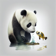 panda with a fish white background hd upscale