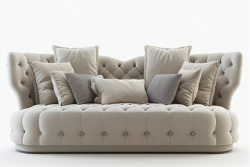 Fototapeta na wymiar Modern gray sofa with pillows on light background, front view. Generative AI