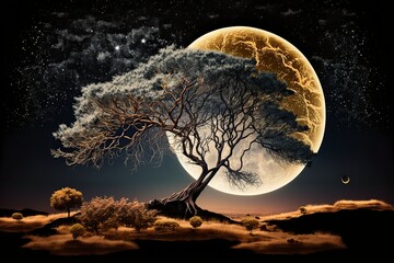 illustration, fabulous night scenery tree against the backdrop, ai generative