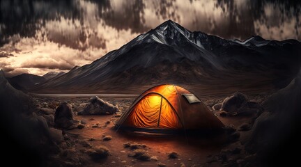 Glowing Tent camping under a Dramatic Evening Sky in the Mountains